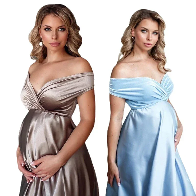 

Baby Showers Silk Maternity Photo Shoot Dresses Long Party Evening Pregnancy Maxi Gown Photography Props for Pregnant Women