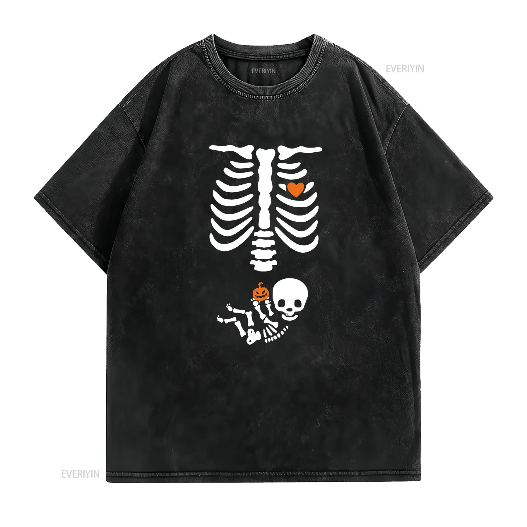 Skeleton Halloween Maternity T Shirt Funny Pregnancy AnnouncemenT Pregnant Women Fall New Mom Mommy to Be for vintage Washed