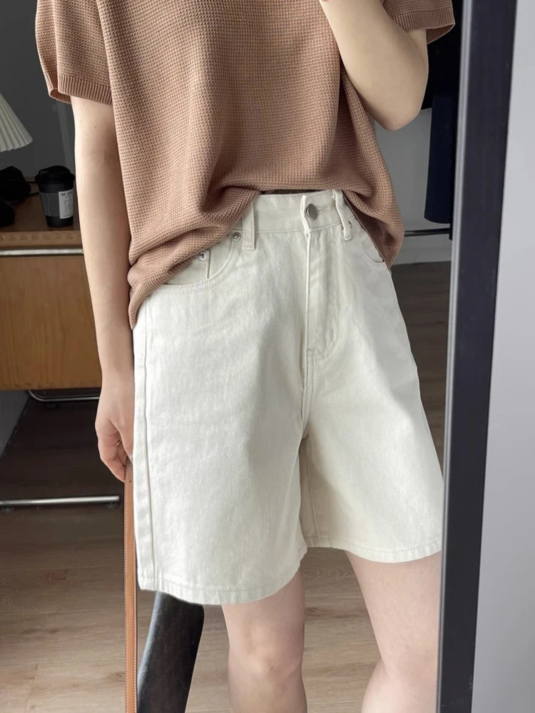Summer Thin Beige High Waist Straight Leg Denim Shorts Women Loose Hiding Hip Slimming Trendy Student Mid-Calf Pants