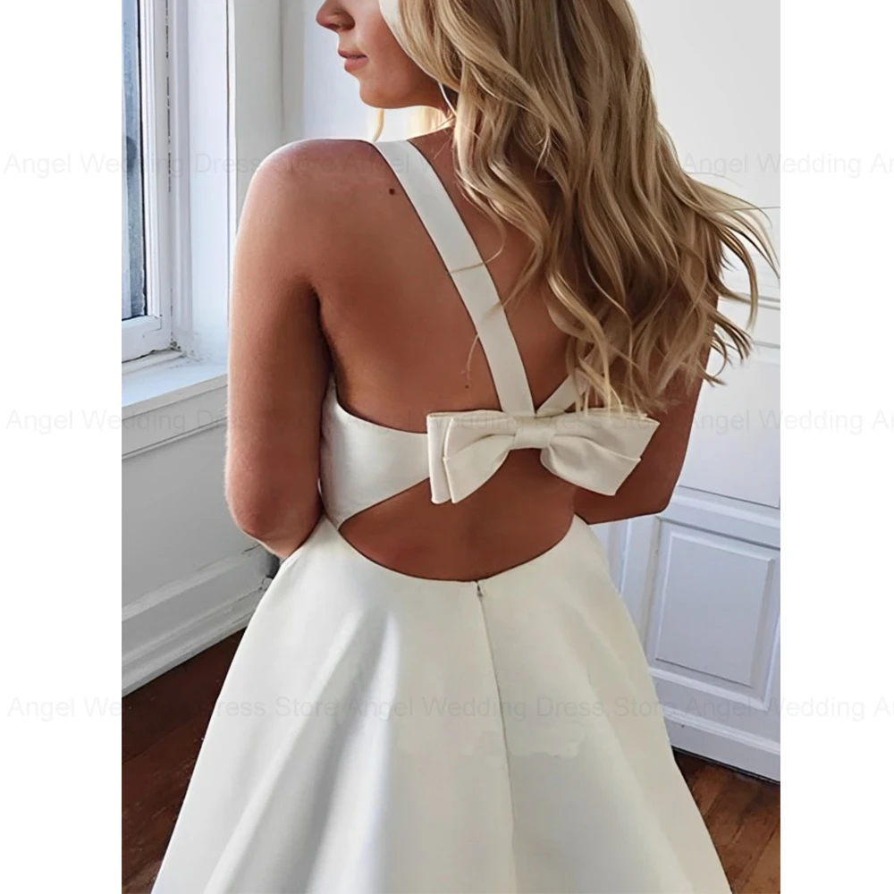 ANGEL Sexy A-Line Wedding Dress for Women Customized Sleeveless Deep V-Neck Satin Bow Long Bridal Gowns Train Vestidos De Noiva