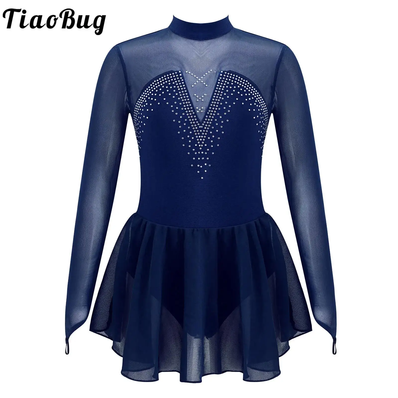 Kids Girls Long Sleeve Figure Skating Dress Rhinestone Mesh Tulle Tutu Ballet Gymnastics Leotard Dress Performance Dancewear