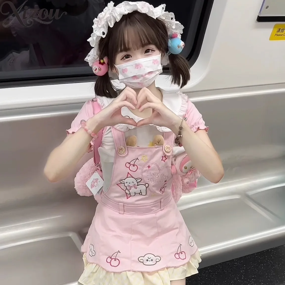 Conjunto de 3 piezas de pantalones con tirantes para niña, camiseta con cuello de marinero Kawaii, monos, Mini princesa de verano con volantes de encaje de conejito dulce 2025