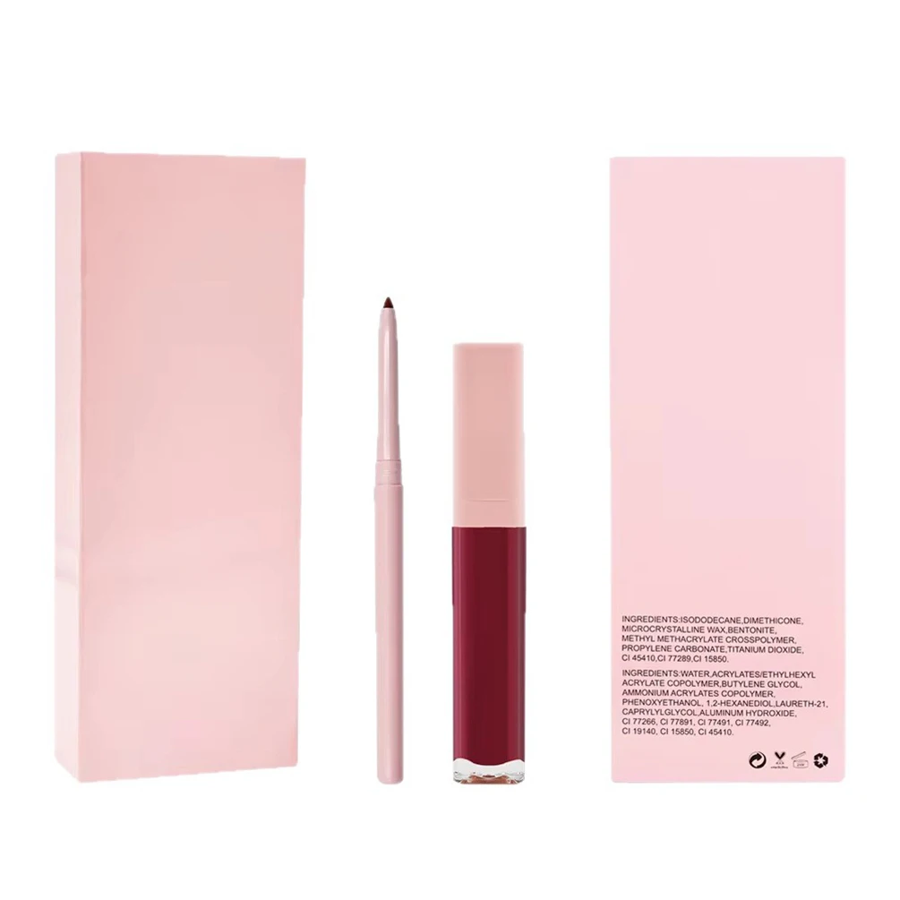 2in1 Lip Kit ฉลากส่วนตัว Matte Non-stick Pigment Long Lasting Waterproof Lipgloss Lipliner Set แต่งหน้าที่กําหนดเองมังสวิรัติกล่องสีชมพู
