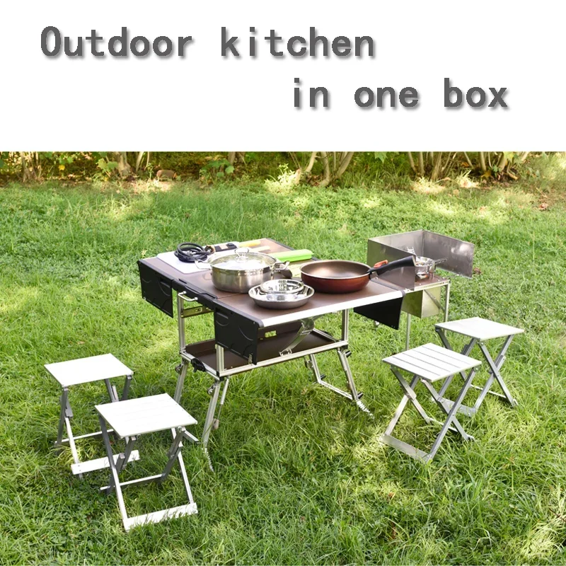 Outdoor Vehicle Camping Mobile Kitchen Folding Picnic Table with Gas Stove and Tableware Cookware Set