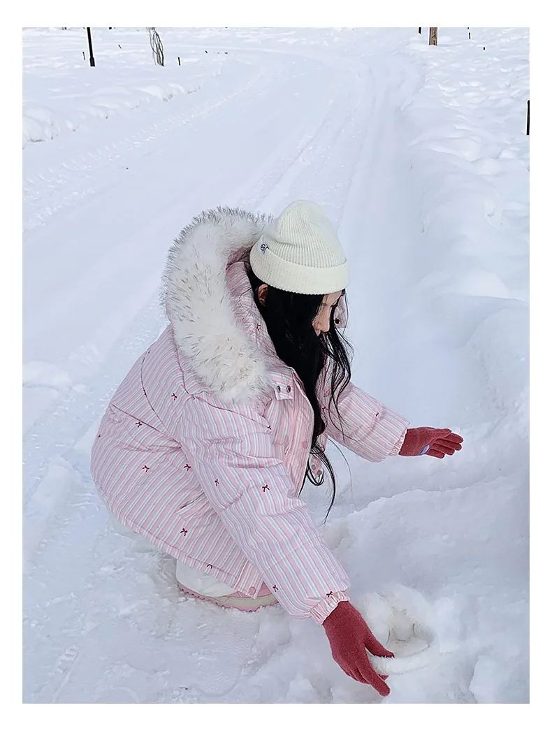 Korean Striped Bow Pattern Cropped Padded Jacket for Women Winter Hooded Coat with Faux Fur Collar Woman Sweet Thick Warm Parkas
