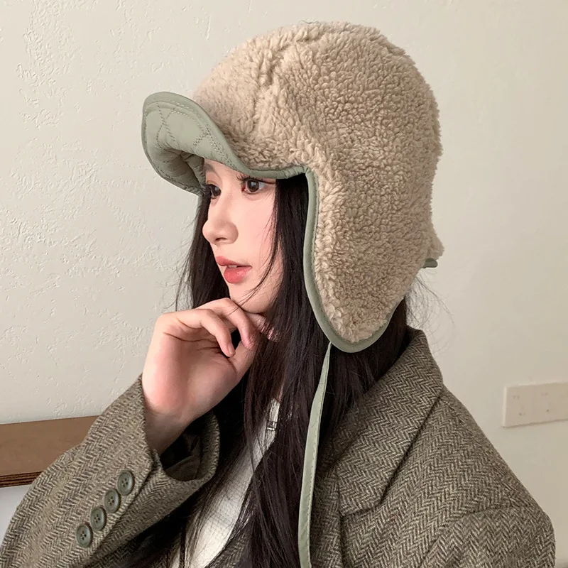 New Winter Double-sided Lamb Wool Simple Lace-up Lei Feng Hat Men's and Women's Outdoor Leisure Warm Ear Protection Flight Cap