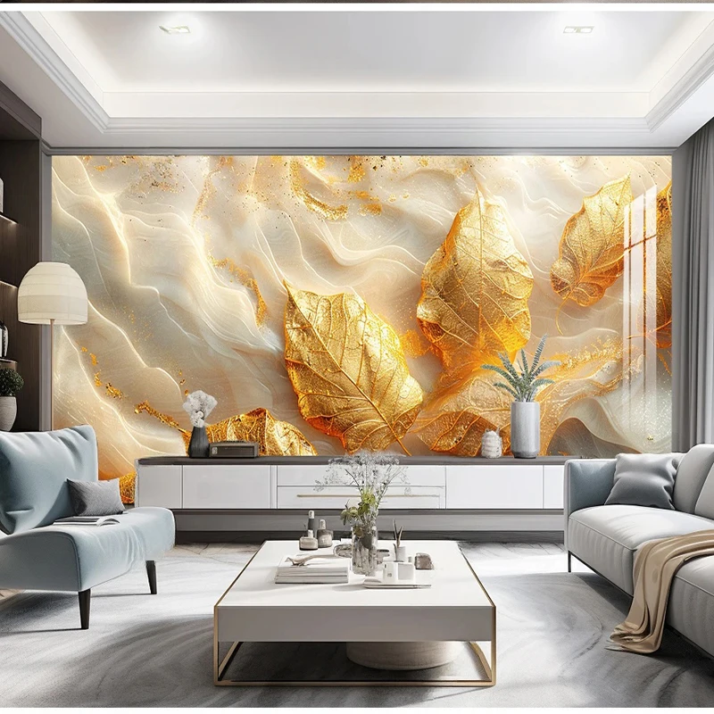

Современное простое и элегантное искусство с золотыми листьями, роскошная гостиная, телевизор, роскошное украшение для дома, фоновая настенная живопись