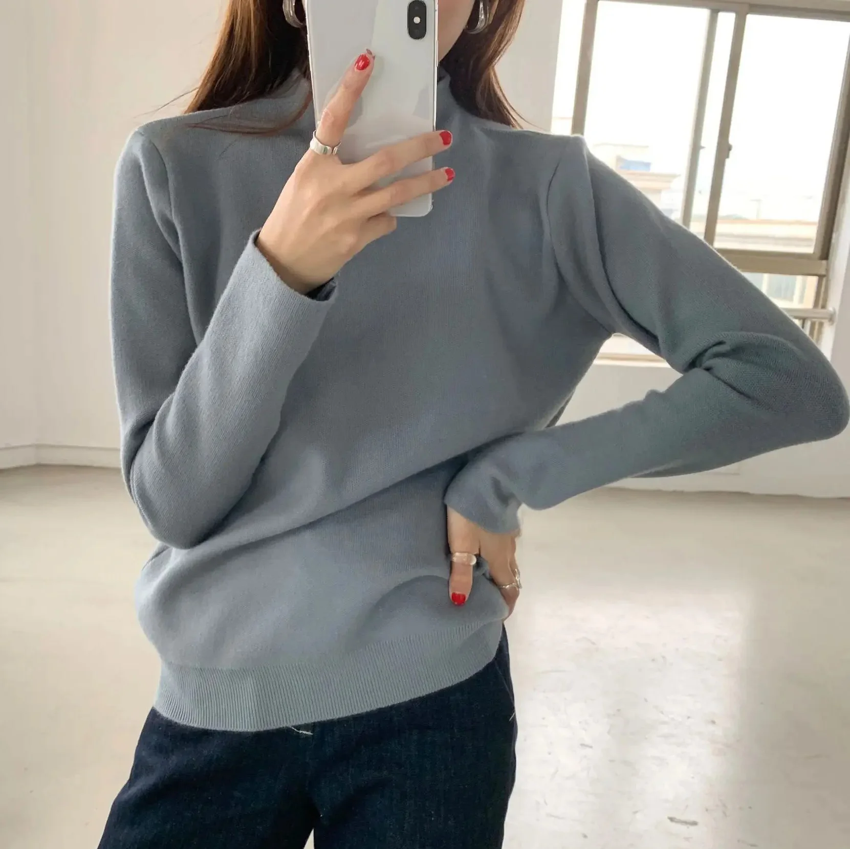 

Women Mock Turtleneck Neck Sweater Solid Knitted Pullover Jumper Fall Winter