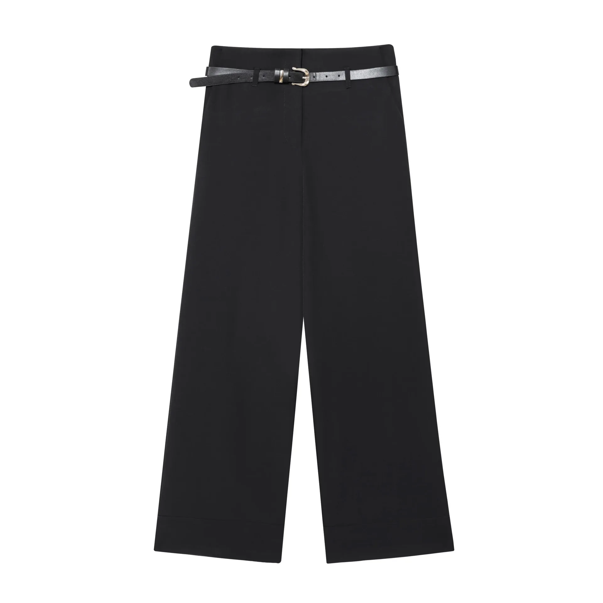 2025 New Black Coffee Apricot Wide Leg Cuff Hem With Belt Casual Long Pants Women Fashion Versatile Style