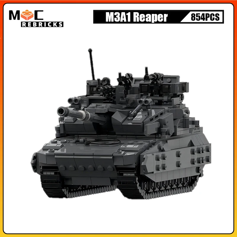 854PCS High-tech MIlitary Weapon M3A1 Reaper Main Battle Tank Double Track Chariot DIY Technology Bricks Boy Toys Xmas Gifts
