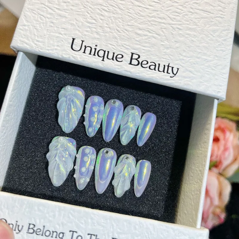 

10PCS Mermaid Press on Nails Almond Oval Scale Glitter Design Iridescent Pearl Luxury Instagram Trendy False Nails Handmade Uñas