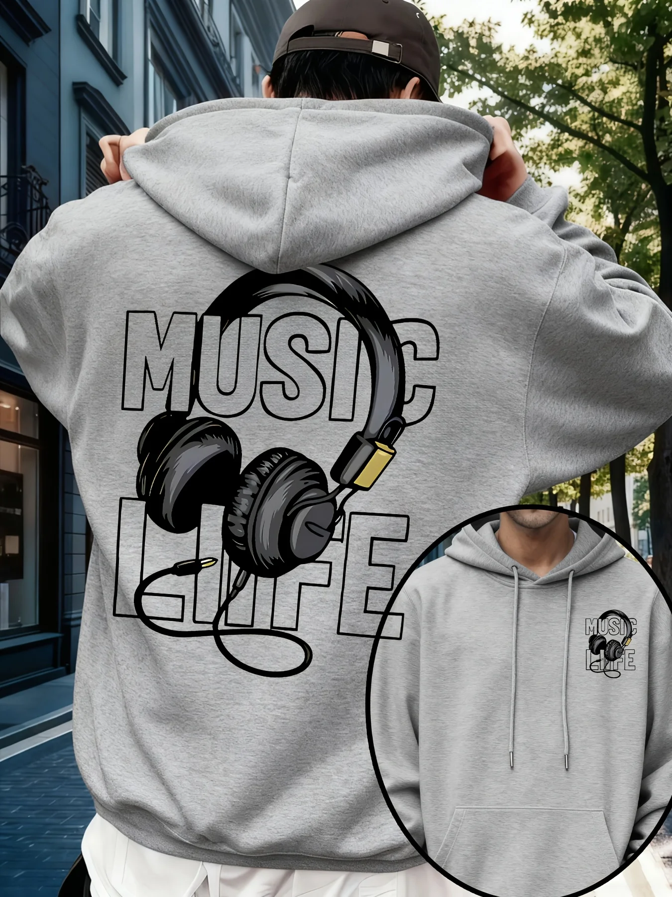Herren-Musik-Hoodie 100% Baumwolle Kopfhörer-Grafik-Druck Streetwear Oversized Casual Pullover Sweatshirt Herbst Winter – Detail 3