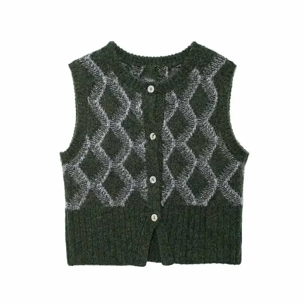 

Women's 2024 New Fashion Diamond Stripe Slim Short Single breasted Knitted Vest Retro O-neck Sleeveless Women's Vest Chic Top