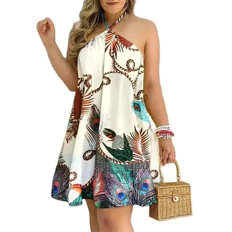 

2024 Summer Off The Shoulder Hanging Neck Lace-up Dresses Women Elegant Print Backless Sleeveless Dress Female Casual Short Gown