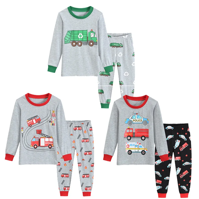 Little Hand Boys Long Sleeve Pajama Set Rescue Car Fire Truck Print Kids Loungewear Sleep Suit For Toddler Boys 2-7 Years Old