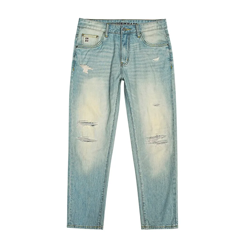 

New slim straight-leg jeans for men, American-style retro washed heavy spring small-leg casual trousers