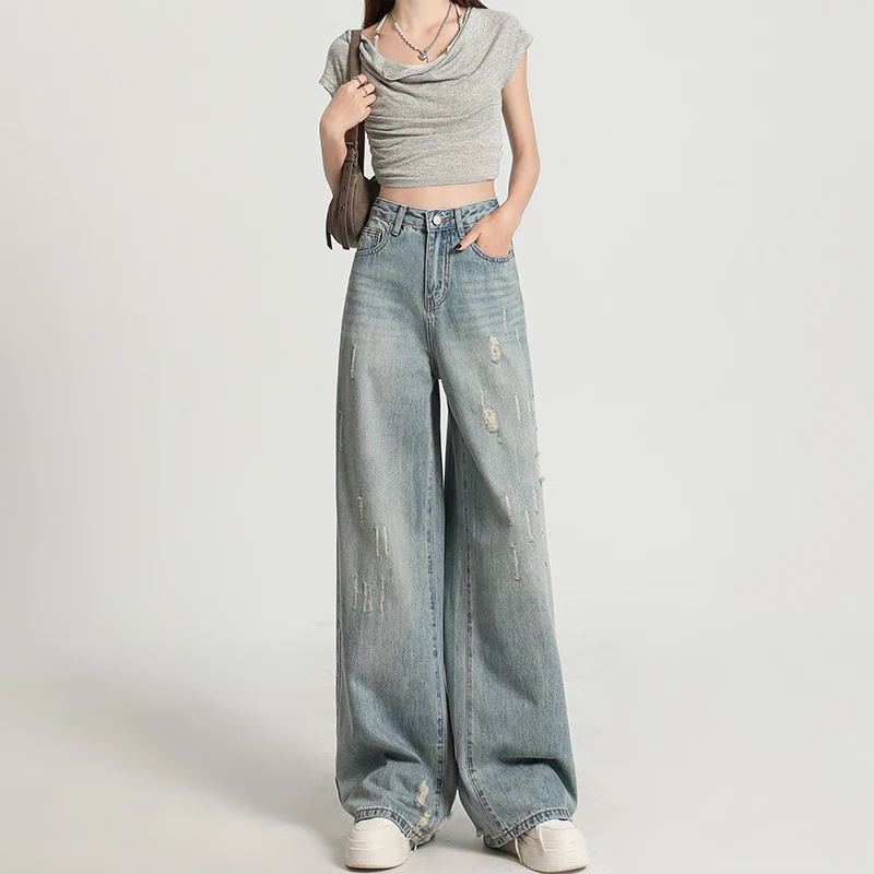 Skin Friendly Womens Straight Jeans Comfortable Leisure Baggy Denim Pants Low Rise Casual Streetwear Trendy Pocket Boyfriend