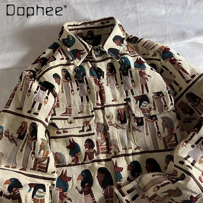 2025 Spring and Autumn New Embroidered Black Shirt Japanese Retro Style Men's Apricot Turn-down Collar Long Sleeve Loose Shirt