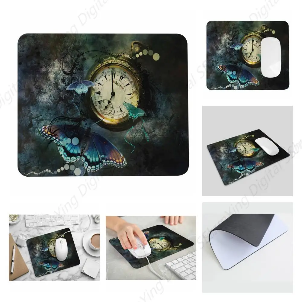 Retro Butterfly Gaming Mouse Pad และนาฬิกาพ็อกเก็ตแบบคงที่ Anti Slip Rubber Mouse Pad เหมาะสําหรับแล็ปท็อปสํานักงาน 25*30 ซม