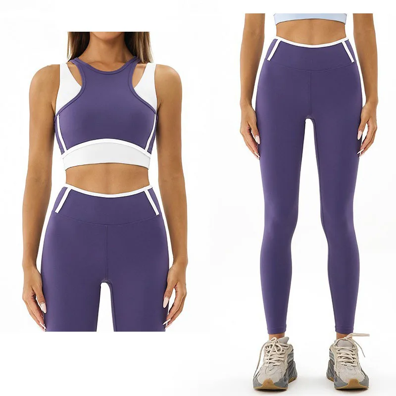 Conjunto de dos piezas para mujer, traje de Yoga empalmado, ajustado, para correr, con absorción de golpes, de secado rápido, para Fitness