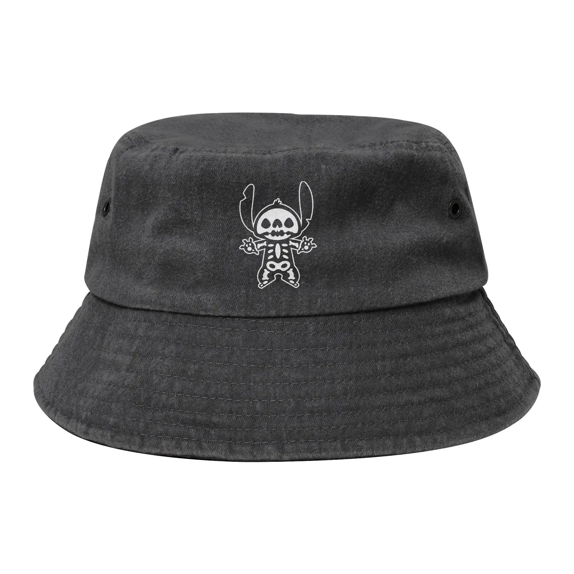 

Spring Headwear Stitch Halloween Skeleton Washed Denim Bucket Hat Sun Hat Cartoon Cute Bob Hat Packable Fishing Hat Camping
