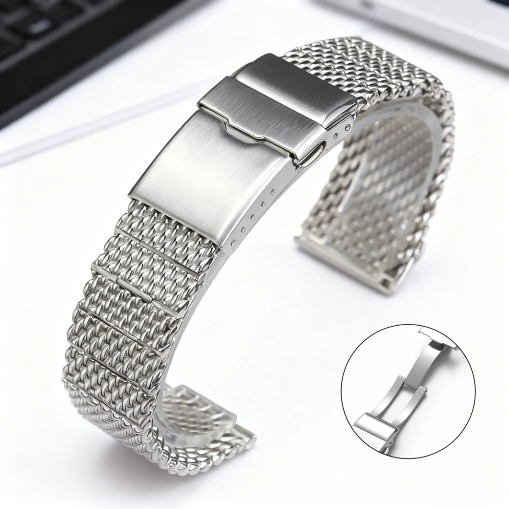 22mm Universal Flat-End Screw-On Style Stainless Steel Mesh Strap in Silver High-Quality Fashion Watch Band Metal Folding Clasp