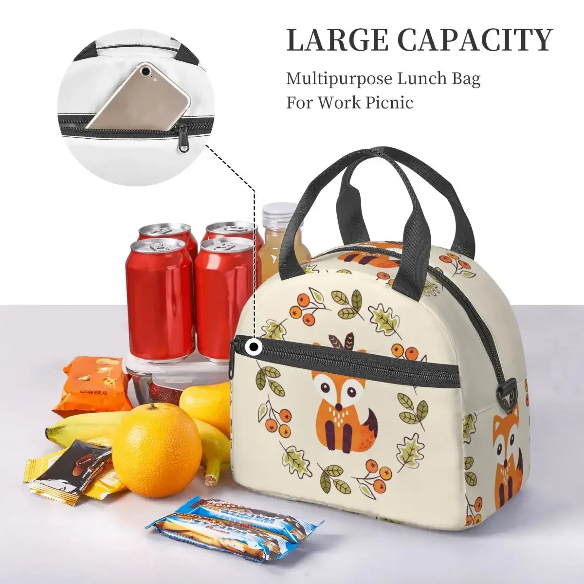 Little Fox With Autumn Berries Insulated Lunch Bag for School Bento Storage Food Boxes Portable Cooler Thermal Lunch Box Tote
