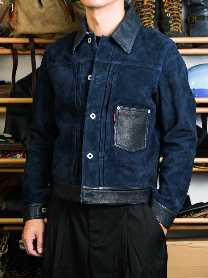 

Real Skins Battle Jaet Top Layer Flo Baed Unlined Leather Coat Blue Blood Red k Faionable Urban Sle Youth Casual