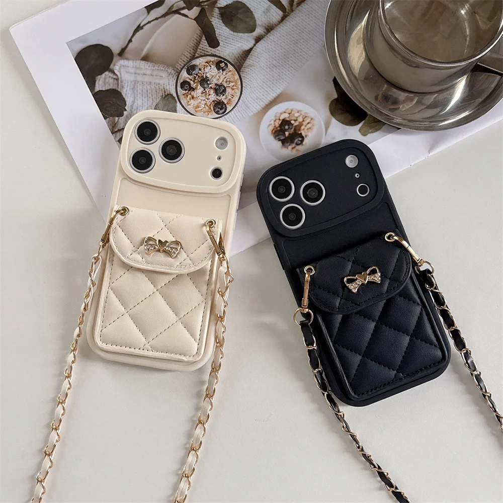Coquette Dainty Heart Bow Quilted Card Holder Phone Case for 17 Pro Max Crossbody Strap Wallet Protect Cover for iPhone 16 15 14