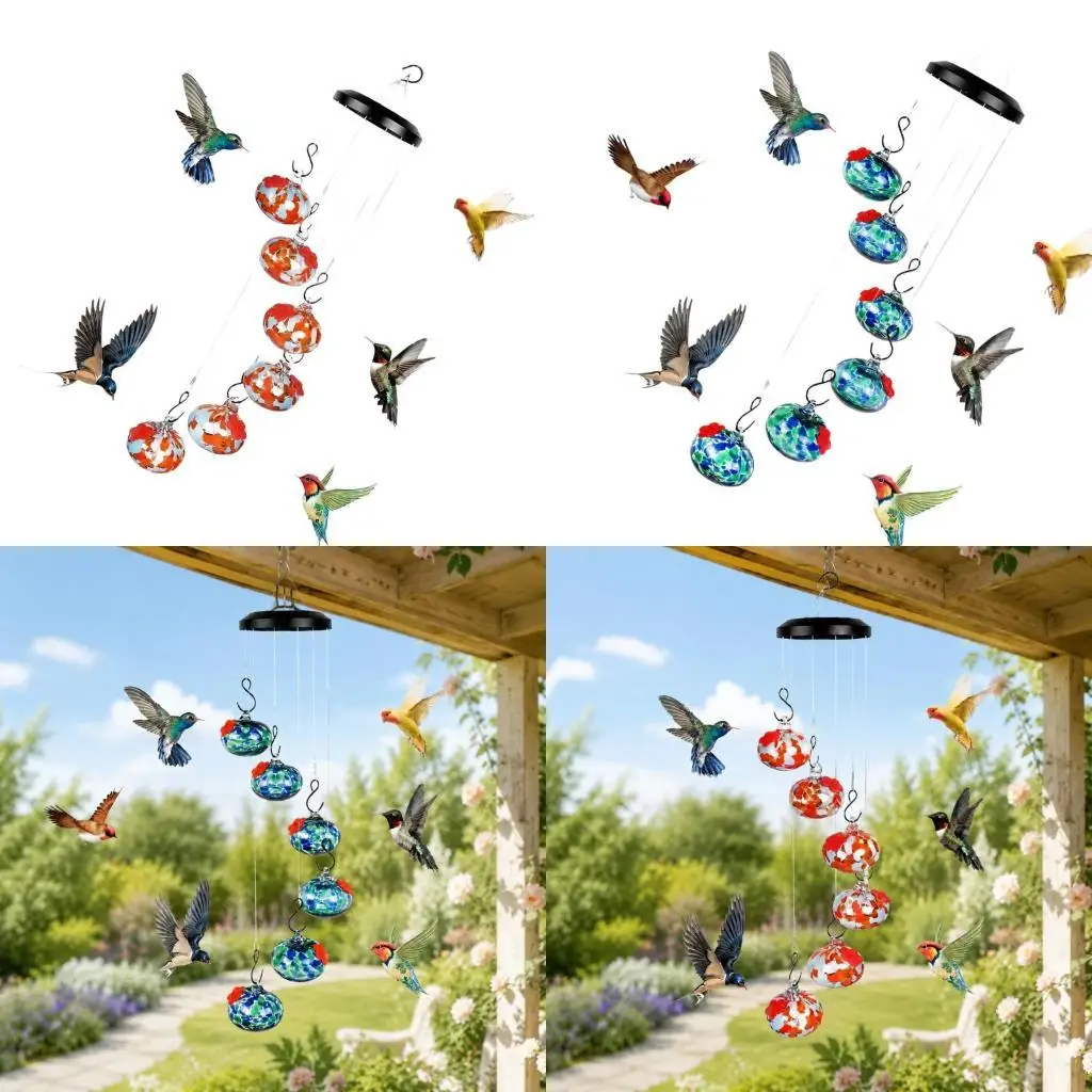 Outdoor Hanging Feeder for Hummingbirds with 6 Feeding Vessels, Red Removable Ports and Included Hook for Garden Display KXRE