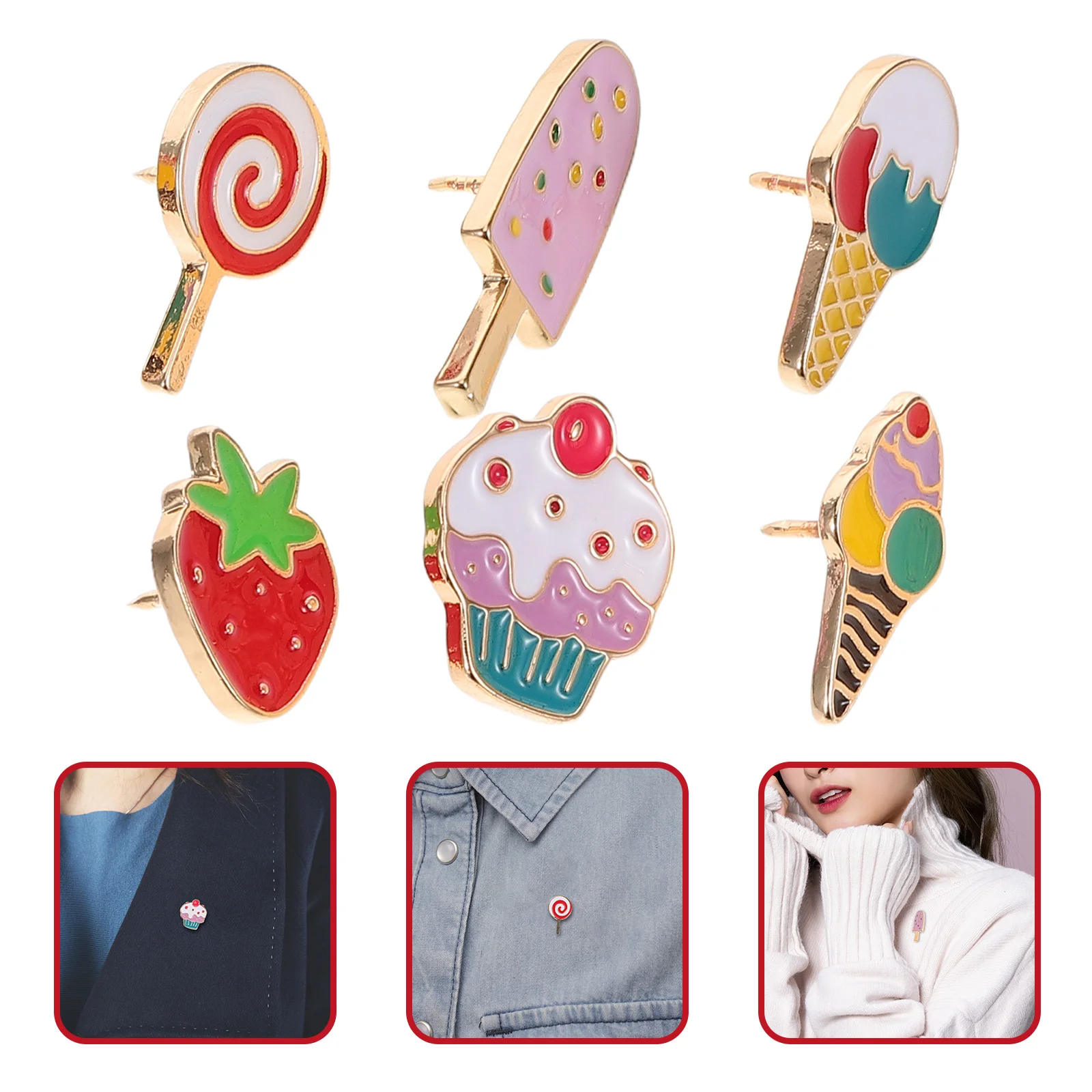

6pcs Summer-Themed Dessert Brooch Alloy Cartoon Lapel Pins For Women Fruit Jewelry Lightweight Scarf Hat Bag Accessory Birthday