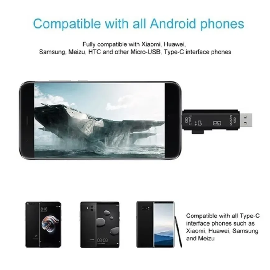 نوع C & Micro USB & USB 3 في 1 قارئ بطاقات OTG TF العالمي عالي السرعة لرؤوس تمديد الكمبيوتر للهواتف التي تعمل بنظام أندرويد