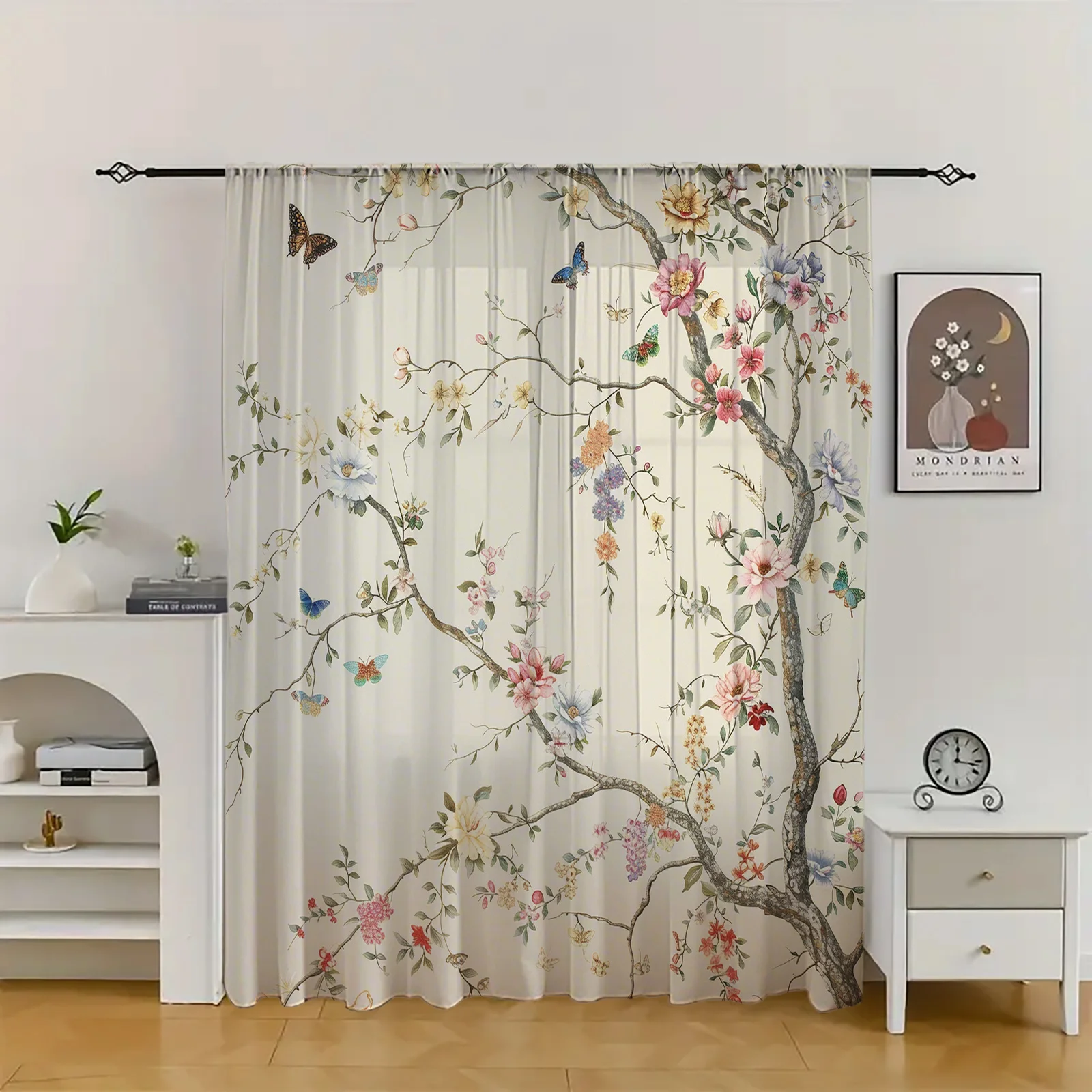 2PCS Vintage Sheer Curtains, Bird Flower Branch Butterfly, Digital Print, Bedroom Living Room, Rod Pocket Polyester, Home Decor