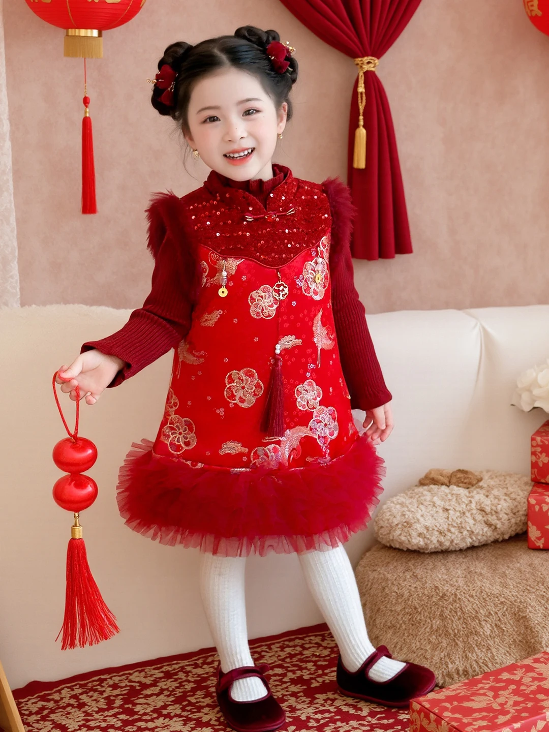 

Утепленный зимний комплект для девочек: новый китайский традиционный этнический костюм с жилетом и юбкой для Нового года