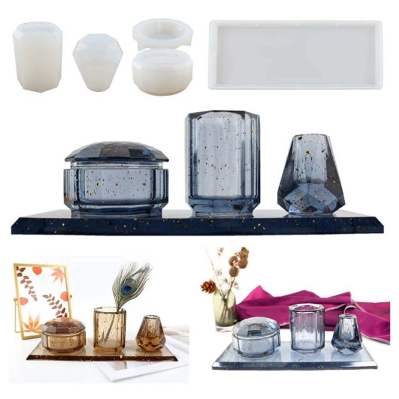 4Pcs Bathroom Storage Box Resin Silicone Mould,- Toothbrush Holder Mould, Pen Holder Vase Storage Mould