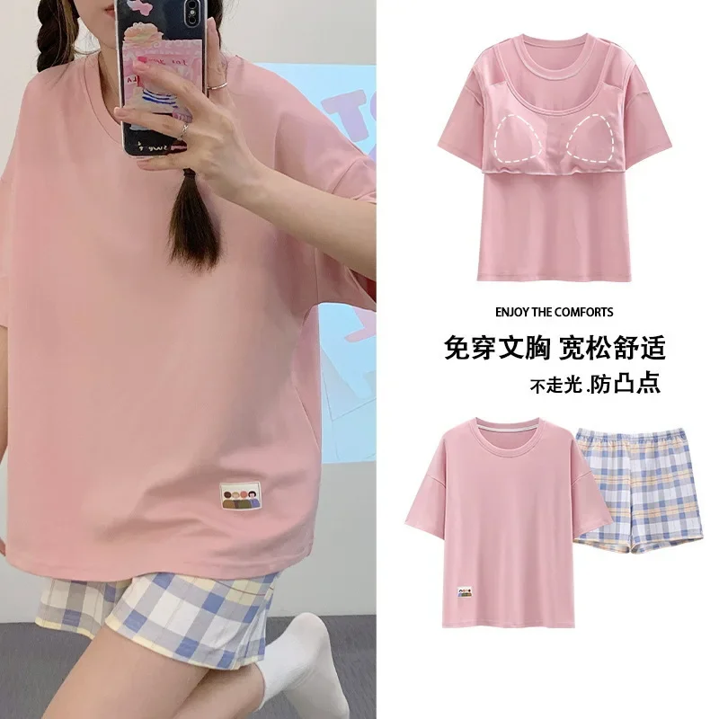 New Summer Girls 2/pce Set Casual Loungewear Women Fashion Round Neck Shorts Bra Pad Cartoon Pajama Lady Loose Pajama Sleepwear