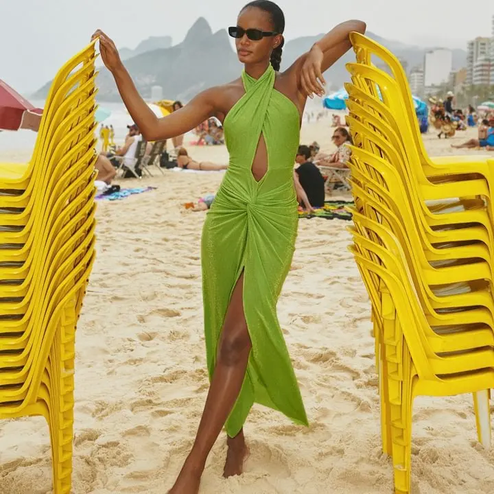 2024 New  green Halter One piece Swimsuit set Shiny Texture Pleated Women Swimwear Beachwear bathingsuit