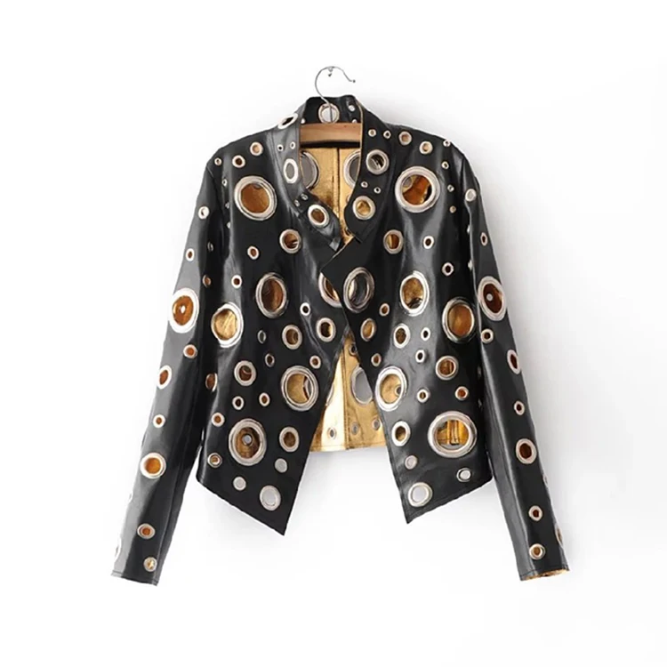 Runway Cut Out Short Faux Leather Jacket Golden Rivet Cool Stylish Designer Clothes Women European American Fashion  2024