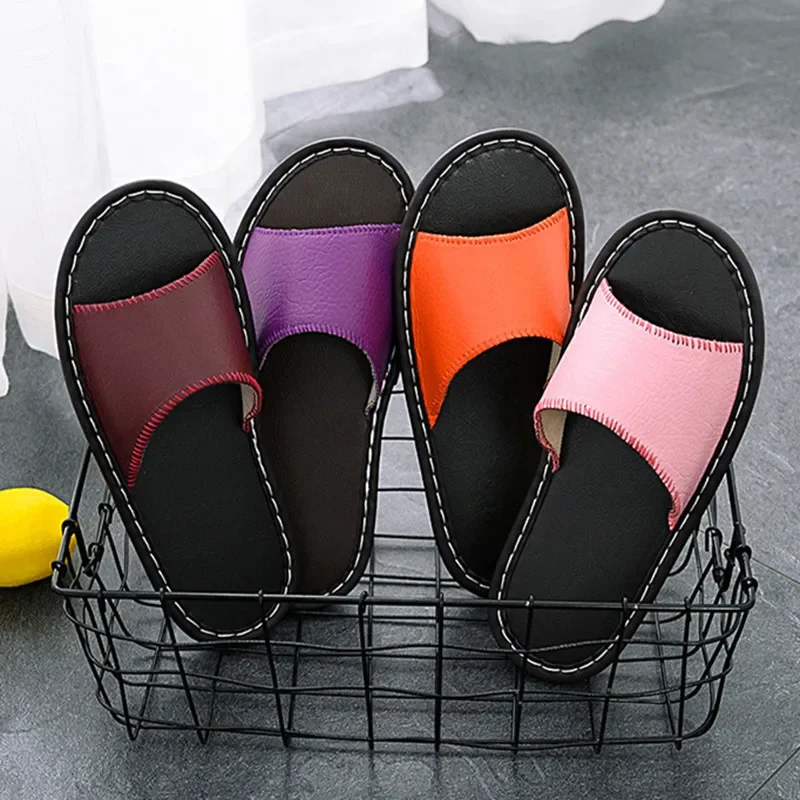 Summer Leather Home Slippers Women Simple Couple Shoes Soft Bottom Sandals Non-Slip Bathroom Slides Indoor Men Slippers