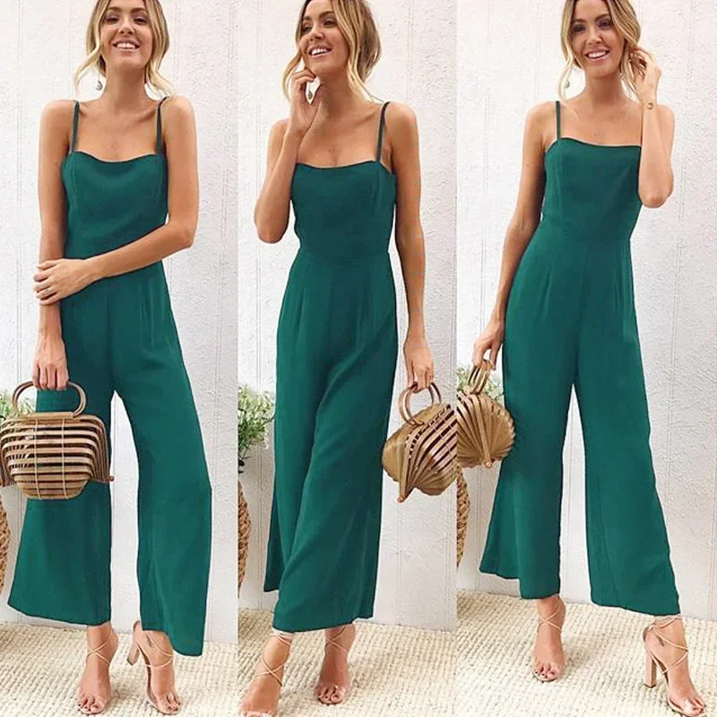 Woman Sleeveless Dungarees Jumpsuits Autumn Casual Loose Solid Overalls for Women Female Spaghetti Strap Wide Leg Jumpsuit