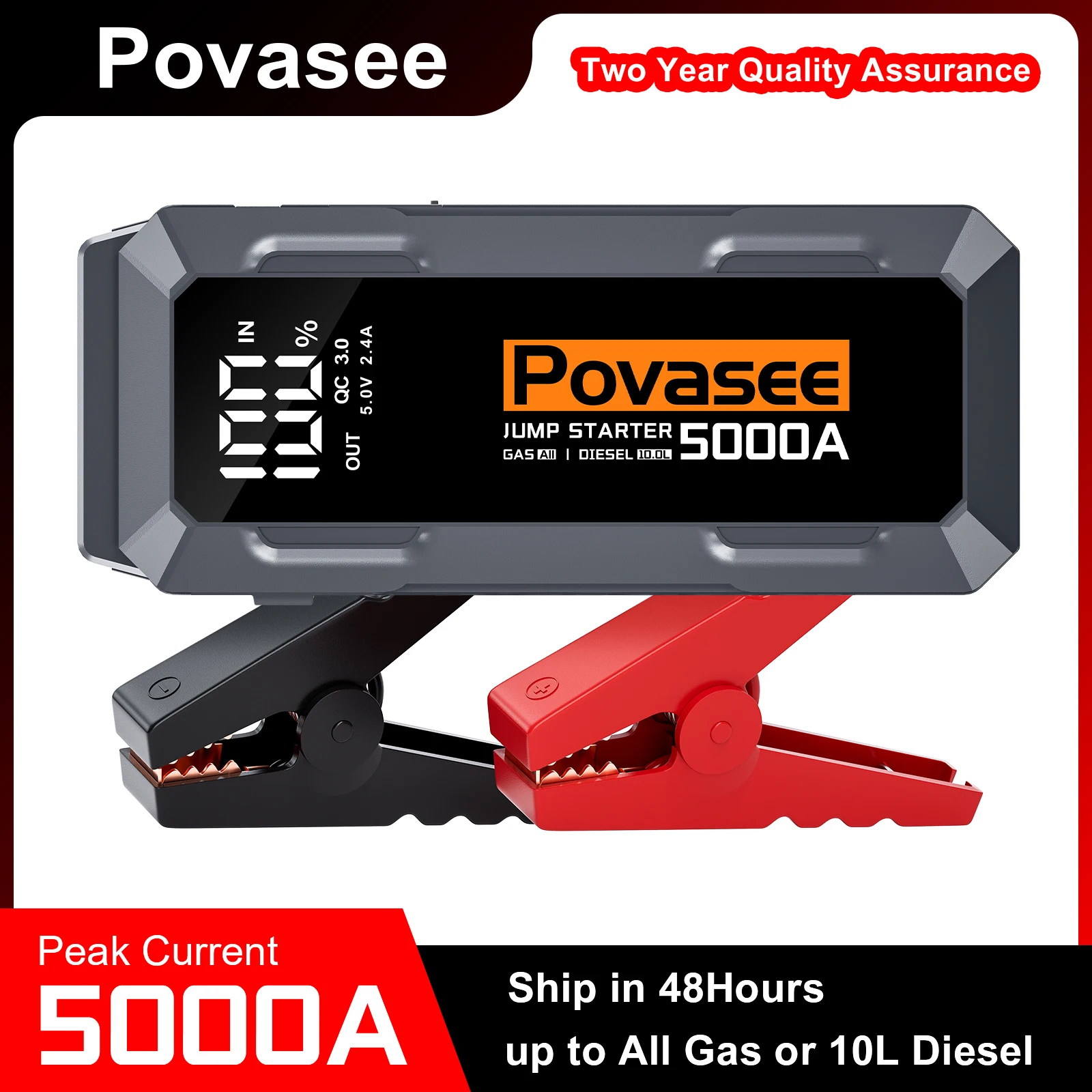 Povasee Jump Starter Power Bank 5000A Jump Starter with 3 Inch LCD Display,with Two USB Outputs, Jump Leads, for 12V Vehicles