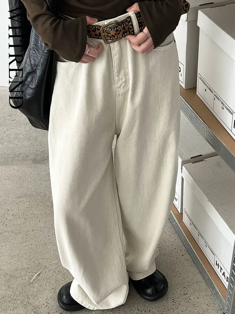 

WHTREND American Style Casual Workwear Washed Wide Leg Jeans With Belt Autumn New Long Pants Women WH1663