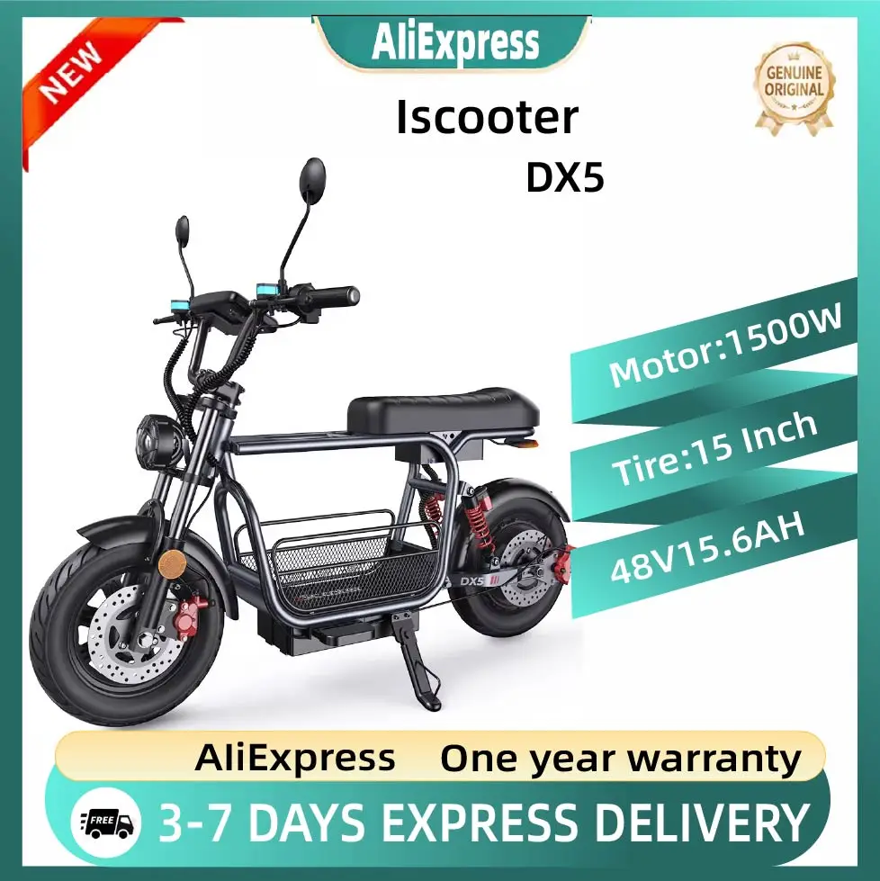 Trottinette électrique adulte iScooter DX5, moteur 1500W, batterie haute capacité, avec siège et panier avant, pneus de 15 pouces, trottinette électrique urbaine