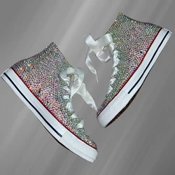 White diamond full banquet party wedding canvas shoes handmade custom large size high top lace-up sports women's shoes 35-44