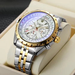 JARAGAR Original Blue Glass Big Dial Multifunctional Automatic Men's Watches Stainless Steel Vintage Mechanical Waterproof Clock