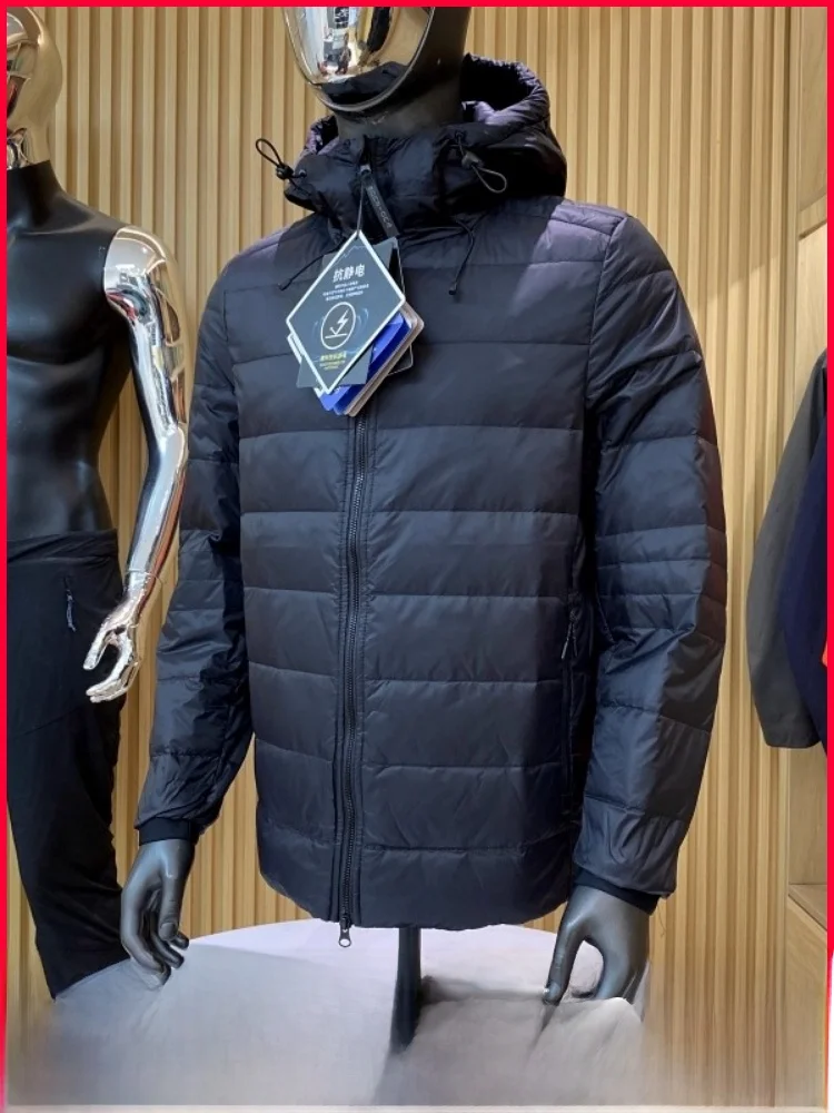 High-End-Herren-Daunenjaet, leicht, lässig, Outdoor, mit Kapuze, Du-Daunen, neuer Wintermantel, Reißverschluss, Polyesterstoff