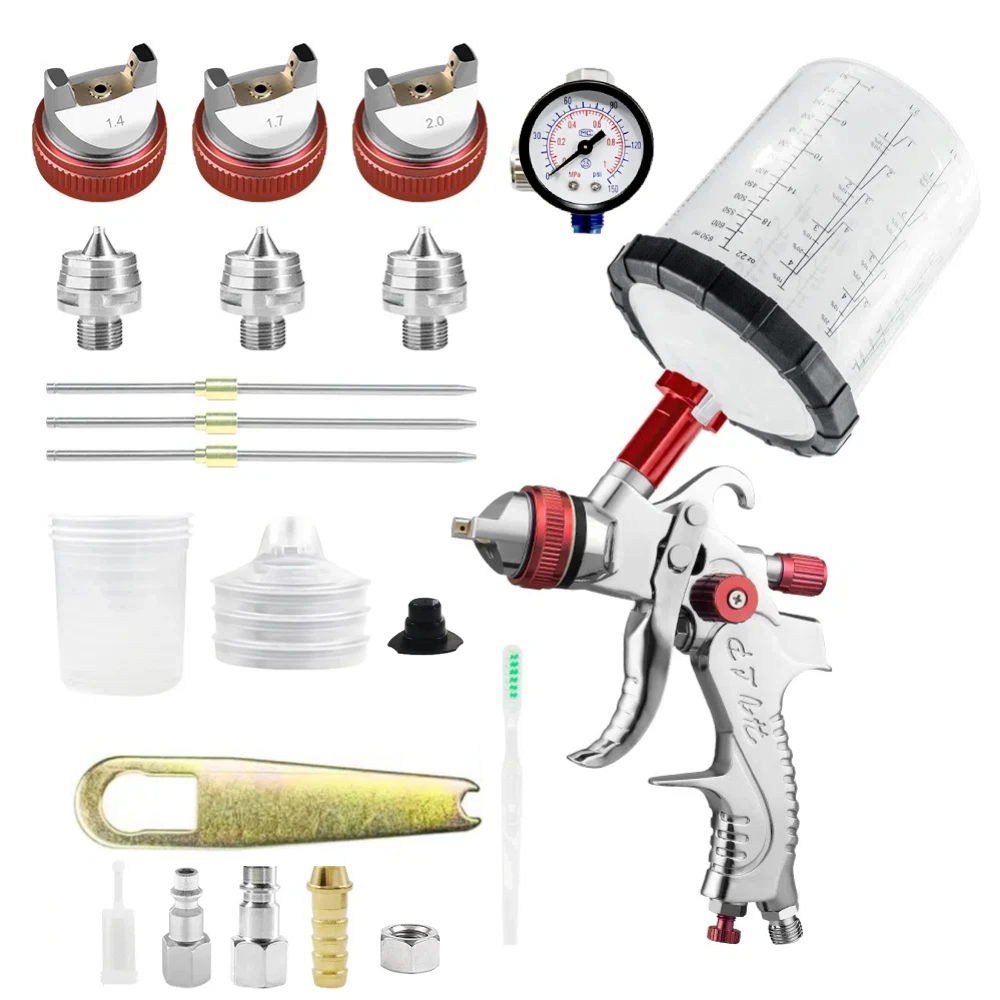 H2008 HVLP Spray Gun 1.4/1.7/2.0mm Nozzle Airbrush with 3*650ml Disposable Mixing Cup, Car Primer Painting Gun