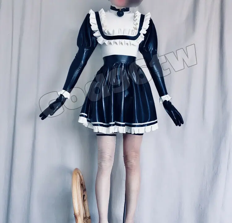 

100% Latex Rubber Gummi Maid/Maiden Kleid Dress Skirt Ganzanzug Ruffle Suit Size xs-xxl 0.4mm