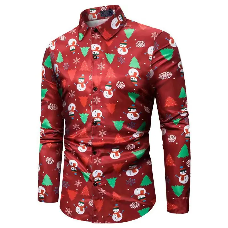 Natale Cosplay Costume vacanza uomo camicia di natale pupazzo di neve grafica camicetta a maniche lunghe divertente camicia abbottonata per la festa