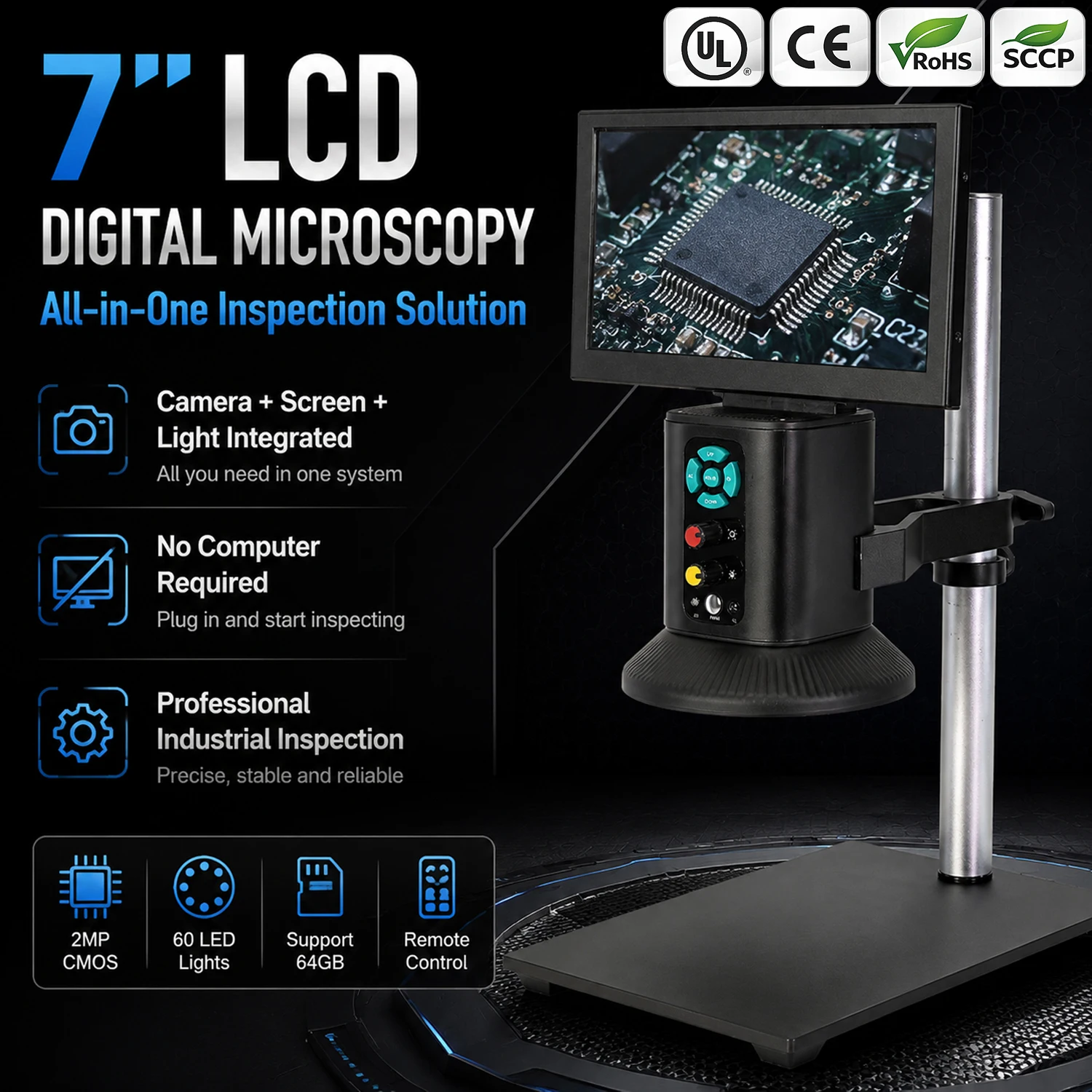 YIZHAN 7-Zoll-LCD-USB-Digitalmikroskop, Industrielle Inspektionskamera mit HD-Bildschirm, 60 LED Einstellbare Beleuchtung, USB-PC-Verbindung, Fernbedienung, All-in-One-Videomikroskop mit